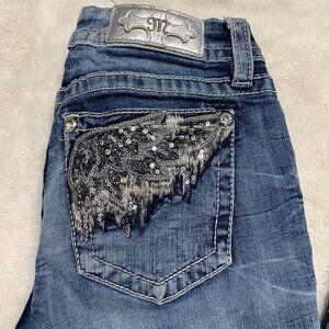 Miss Me Women's Embroidered Wings Blue Signature Boot Cut Jeans Size 28 x 31"